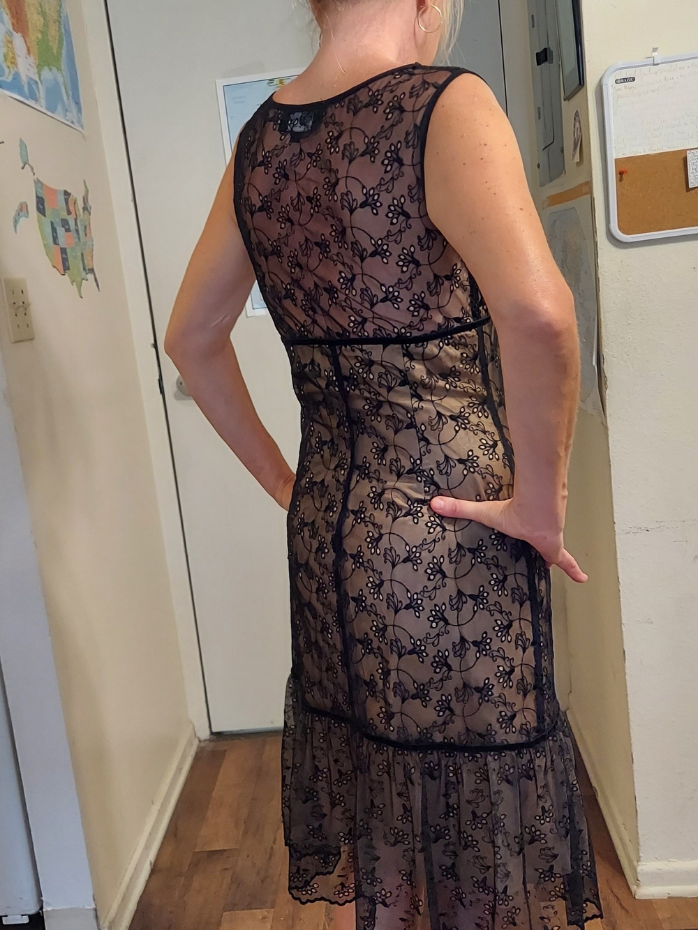 Sheer Black Lace Eyelet ABS Overlay Midi Dress with Nude Lining